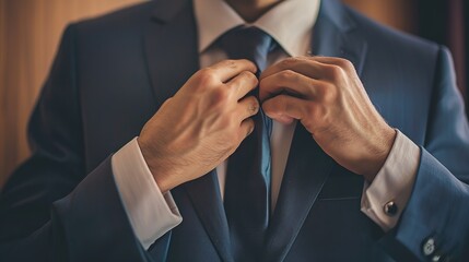 A man in a business suit puts on and straightens his tie with a clip. Wedding day concept, fashion, business, male style. copy space for text. - obrazy, fototapety, plakaty