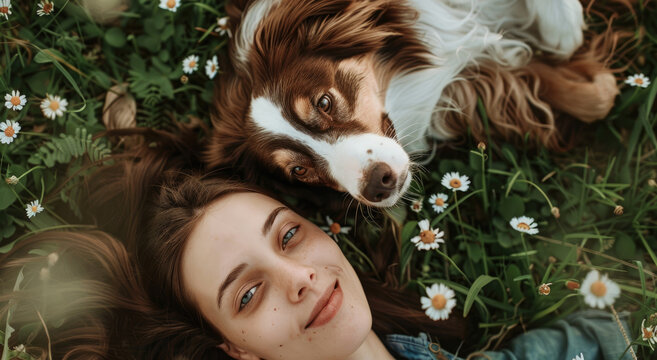 A Beautiful Woman With Long Brown Hair Laying On The Grass Next To Her Border Collie Dog, Smiling At The Camera, Top View, Spring Time, Flowers, Green Field