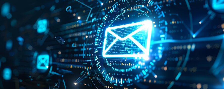 The process of email segmentation is depicted on a futuristic interface, enhancing personalized customer communications, hitech cyber look sharpen close up with copy space