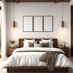 Mockup frame on the wall of bedroom interior background, interior mockup with house background, frame mockup