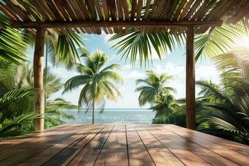 The wooden table at the tropical resort serves as the perfect spot to enjoy the view of palm leaves swaying on a breezy afternoon, Sharpen 3d rendering background