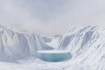 3d render platform and Natural winter background, Ice podium on snow hill above a vast landscape of frozen snow mountain for product stand display, advertising, mockup or etc