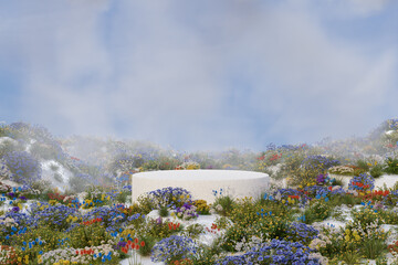 Abstact 3d render spring scene and Natural background,Podium on the colorful flowers field backdrop filled with mist for product display, advertising, mockup or etc