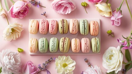 Floral macaron set. Crafted with vibrant flavors, each macaron is miniature work of art, from classic like raspberry and pistachio to exotic creations such as lavender honey and matcha green tea