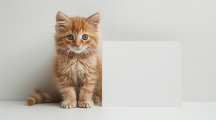 Adorable orange cat with white paper for writing messages