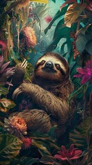 Obraz premium Sloth in colorful flowers.