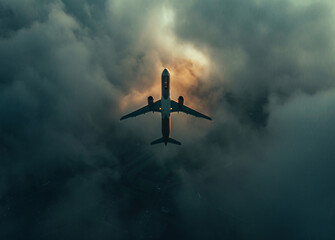 Jet airliner flying overhead against dramatic sky
