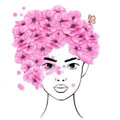 watercolor illustration. a linear portrait of a stunning young woman. Her hair with pink anemone flowers and butterfly. vibrant splashes of watercolor, symbol brightness and inspiration. avatar