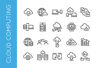 Cloud Computing icons. Large set of cloud computing trendy minimal icons. Examples: Global Network, Database Security, File Synchronization, Cloud Analytics, Virtual Server. Vector illustration.