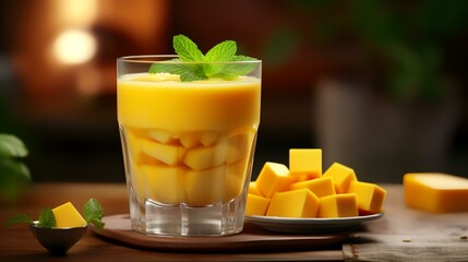 Mango smoothie with mint in glass on wooden table, closeup