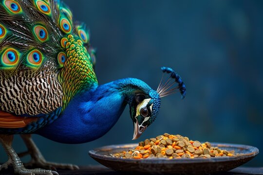 Vibrant peacock showcasing its stunning feathers while feeding