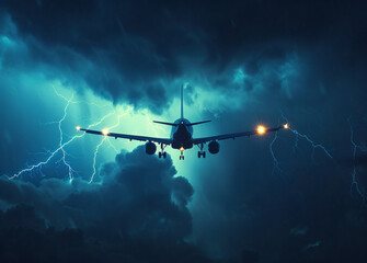 Naklejka premium Aircraft in stormy skies with lightning strikes