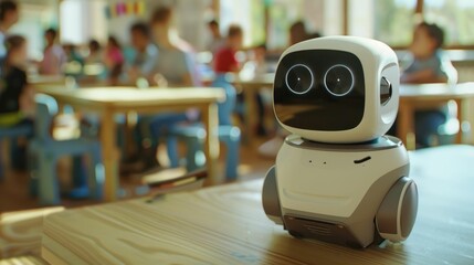 The picture of the robot is staying inside the classroom that has been filled with the children to give advice and assistant for helping the kids, assistant robot is useful for helping human. AIG43.