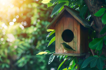 wooden birdhouse on a tree in a garden, close up, with a green leaves background