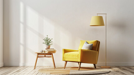 Interior of light living room with yellow armchair lamp
