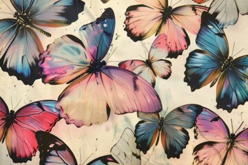 Pattern with group of butterflies with iridescent hues