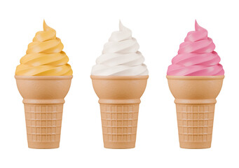 soft serve ice cream of different flavours on waffle cone on transparent background cutout, PNG file. 