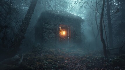 Hellish doorway illuminating a spooky forest hut, ring gate framed by smoke and darkness, entire scene wrapped in mist and eerie cobwebs