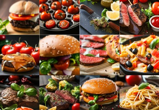 Design template for food collage featuring burger, pizza, pasta, steak. Ideal for restaurant menu or grocery shop flyer