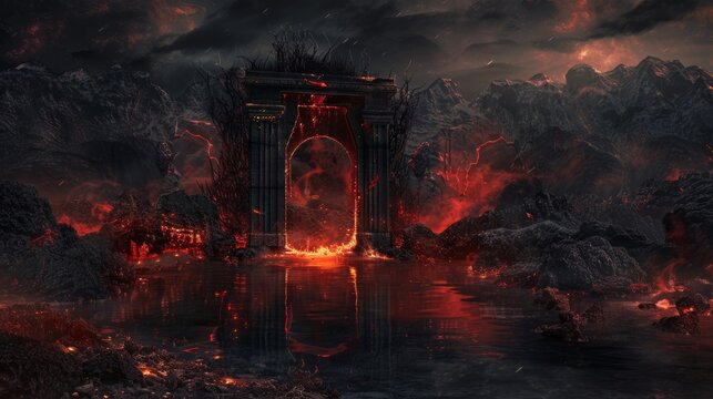 Hellish door opening onto a landscape where evil reigns, a reflective lake capturing the devil's grimace, surrounded by darkness and flickering flames