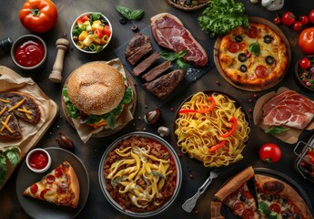 Design template for food collage featuring burger, pizza, pasta, steak. Ideal for restaurant menu or grocery shop flyer