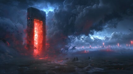 Intense visual of heaven and hell doors in an open field at night, dark coverings, mist, and flames illuminating the souls in pain around a red glowing portal