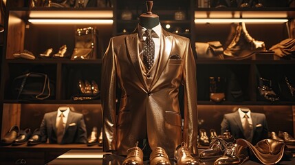 Elegant suit and accessories gold color. copy space for text.