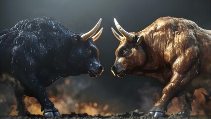 Stock market battle between bulls and bears or financial tech disruption. Concept Stock Market Trends, Bulls vs Bears, Financial Technology, Market Disruptions, Trading Strategies