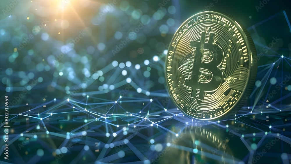 Poster digital hologram representing bitcoin blockchain cryptocurrency . concept bitcoin, blockchain, crypt