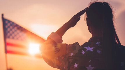 silhouette of military personnel saluting American flag at sunset