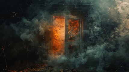 Mysterious entrance to hell, a door surrounded by darkness and dense smoke, eerie cobwebs and subtle flames creating a terrifying scene