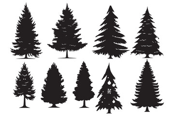 Christmas tree silhouette set hand drawn illustration on white background