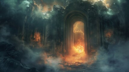 Fototapeta premium Mysterious gates of heaven and hell, one covered in cobwebs and shrouded in smoke, the other glowing softly amidst darkness