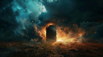 Mystical gateway between heaven and hell, light shining from an open door set in a night field, surrounded by smoke and shrouded in mist