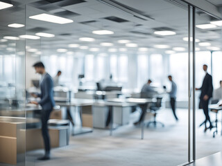 Modern office decoration, office staff moving rapidly behind glass walls, blurry feeling, abstract background of technology and business concepts