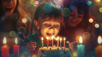 The picture of the child blowing out the candles of the birthday cake with the happiness and the excitement, the birthday is the celebration day for celebrate the anniversary of their birth. AIG43.