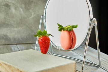 Reflection of a strawberry and a macaron on a mirror