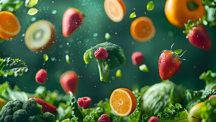 Fresh organic fruits and vegetables floating in the air on green background. Concept Fruits, Vegetables, Organic, Floating, Green Background