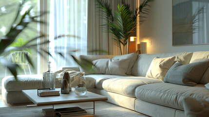 Interior of modern living room with cozy sofa and coff