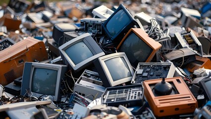 Heap of electronic waste in the background. Concept Electronic Waste, Environmental Issue, Tech Recycling, Hazardous Materials