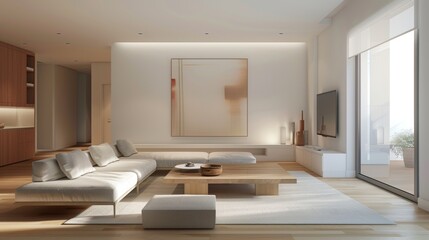 Fototapeta premium Sleek minimalist living space for a young adult, featuring clean lines, clutter-free environment, neutral color palette, and minimal furniture