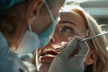 Dentist is checking the teeth of a beautiful woman.