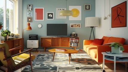 Stylish mid-century modern living space for a young individual, showcasing retro accents and bold color schemes with minimalist furniture