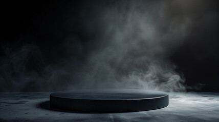 Empty podium with smoky black studio background. Smoked product platform
