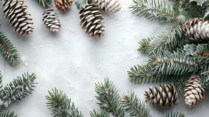 A white background with pine cones and branches