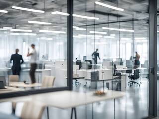 Modern office decoration, office staff moving rapidly behind glass walls, blurry feeling, abstract background of technology and business concepts