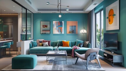 Teal-themed living room for a young person, combining playful elements with a sense of calm, featuring sleek furniture and contemporary decor