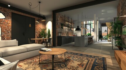 Trendy urban loft space for the modern young adult, emphasizing open space, industrial aesthetics, and a chic urban atmosphere