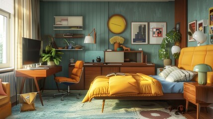 Trendy young person's room in mid-century modern style, clean and organic aesthetics paired with iconic furniture pieces and vibrant retro accents