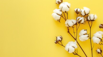 A beautiful sprig of cotton on a yellow background, a place for text. Delicate white cotton flowers.